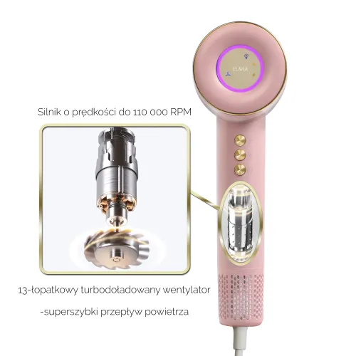 Suszarka do włosów Zehnder Flavia Jonizacja Dyfuzor Zimny nawiew 1600W 3 prędkości 3 temperatury Różowy