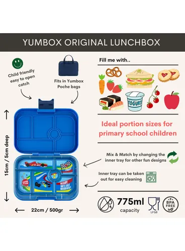 Lunchbox do szkoły Yumbox Original - surf blue / race cars tray