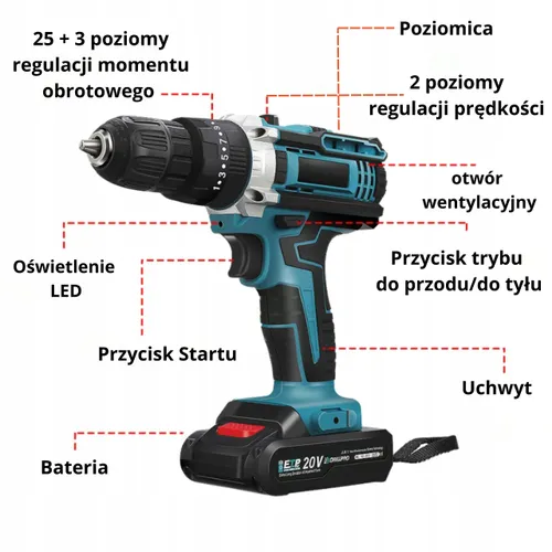 Wiertarko-wkrętarka bezprzewodowa 21V zestaw 2 akumulatory 2 Ah + walizka