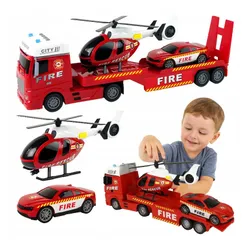 Duży Zestaw Straż Pożarna zabawka dla chłopca laweta helikopter auto efekty