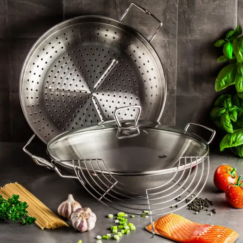 FISSLER Nanjing 36 cm - patelnia / wok ze stali nierdzewnej z pokrywką