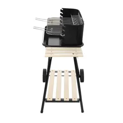 Grill węglowy ogrodowy na kółkach z 3 półkami i rożnem
