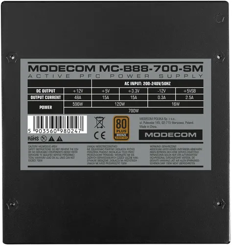 Zasilacz MODECOM B88-700-SM 700W 80 Plus Bronze