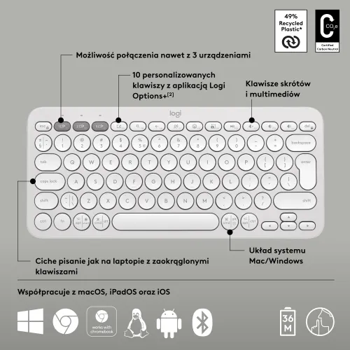 Klawiatura membranowa Logitech Pebble Keys 2 K380s - biały