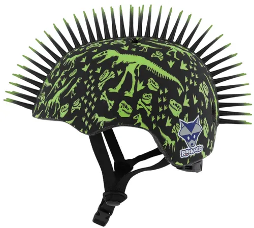 Kask rowerowy RASKULLZ T-Rex Bonez Mohawk Czarno-zielony dla Dzieci (rozmiar S)