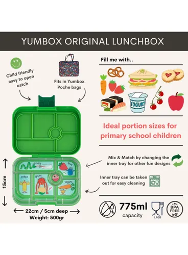 Szczelna średnia śniadaniówka Yumbox Original - jurassic green / funny monsters