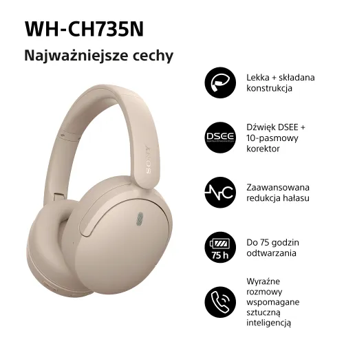 Słuchawki bezprzewodowe Sony WH-CH735N ANC Nauszne Bluetooth 6.0 Beżowy