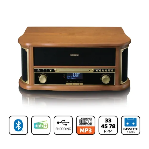 Gramofon Lenco TCD-2571WD Półautomatyczny Napęd paskowy Przedwzmacniacz Bluetooth Odtwarzacz CD Magnetofon Drewno