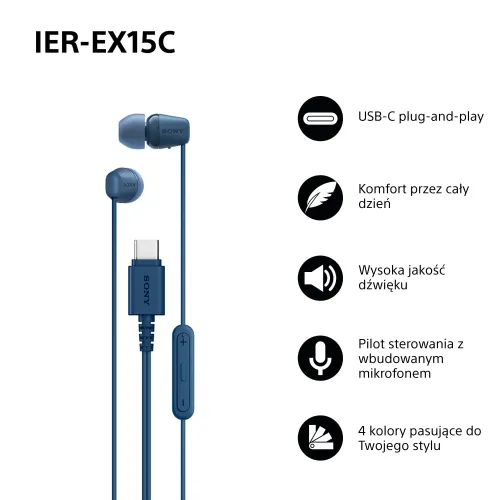 Słuchawki przewodowe Sony IER-EX15C Dokanałowe USB-C Niebieski