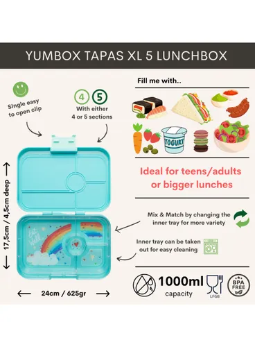 Lunchbox pojemnik na śniadanie XL Yumbox Tapas 4 - Antibes blue / rainbow tray