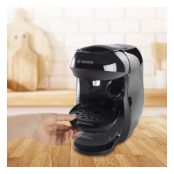 Zestaw ekspres kapsułkowy Bosch Tassimo Happy TAS1002N czarny i 5 opakowań kapsułek: Jacobs Latte Macchiato Classico, Cappucino Classico, Caffe Crema XL, L’OR Espresso Delizioso, Milka