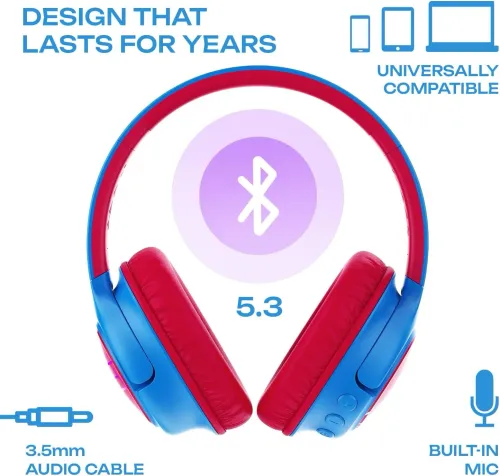 Słuchawki bezprzewodowe PowerLocus Bobo Nauszne Dla Dzieci Bluetooth 5.3 Niebiesko-czerwony