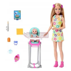 LALKA BARBIE SKIPPER OPIEKUNKA + KRZESEŁKO DO KARMIENIA z bobasem HTK35