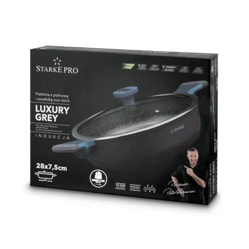 Patelnia na indukcję marmurowa z pokrywką Starke Pro Luxury Grey II 28 cm krótkie uchwyty