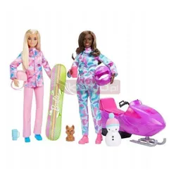 LALKA BARBIE SPORTY ZIMOWE zestaw 2 lalek skuter śnieżny deska snowboardowa HGM75