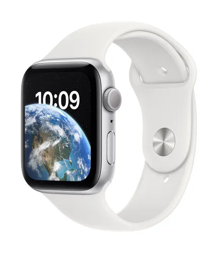 Apple Watch SE GPS 44mm алюминий, серебристый / белый Спортивный ремешок