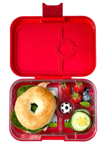 Średni prostokątny lunchbox Yumbox Panino - wow red / dinosaur tray