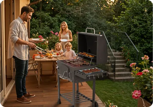 Grill węglowy ogrodowy Berdsen BD-891 komin żeliwny ruszt z pokrywą popielnik + termometr