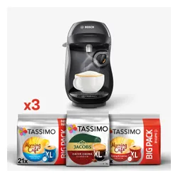 Zestaw ekspres kapsułkowy Bosch Tassimo Happy TAS1002N czarny i 3 opakowania kapsułek: Morning Café (Mild&Smooth)/(Strong&Intense), Caffè Crema Classico
