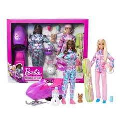 LALKA BARBIE SPORTY ZIMOWE zestaw 2 lalek skuter śnieżny deska snowboardowa HGM75