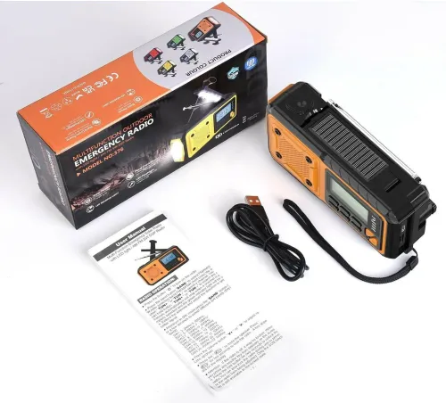 Radioodbiornik Beline AM/FM IPX3 z dynamem, latarką, powerbankiem i panelem solarnym Czarno-pomarańczowy