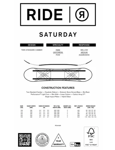 Deska snowboardowa Ride Saturday - Długość (cm) - 150