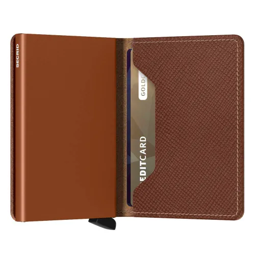 Küçük RFID Cüzdan Slimwallet Gizli Saffiano-karamel