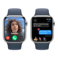 Смарт-часы Apple Watch Series 9 GPS + сотовый чехол 45 мм из нержавеющей стали Серебряный Спортивный ремешок Синий M / L