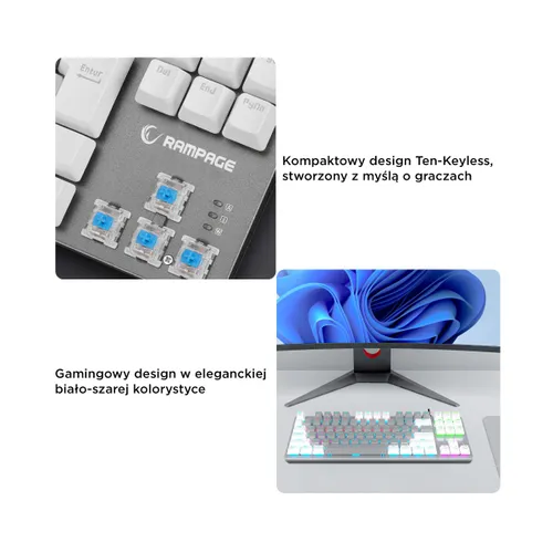 Klawiatura gamingowa Rampage Snug Blue przewodowa mechaniczna podświetlana biało-szara