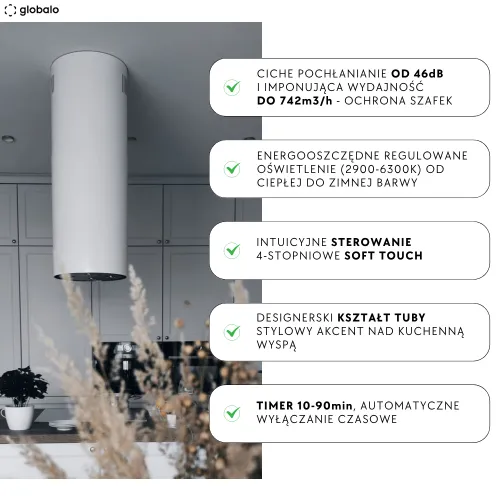 Okap Globalo Cylindro Isola 39.7 Biały