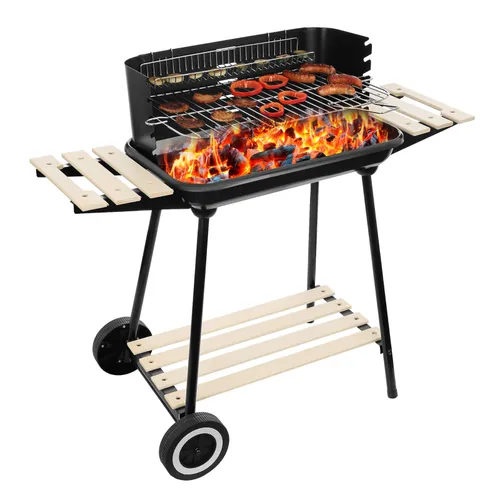 Grill węglowy ogrodowy na kółkach z 3 półkami i rożnem