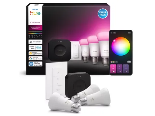 Żarówka LED Philips Hue White and Colour Ambiance 3 inteligentne żarówki E27 + Dimmer switch + Bridge Pro
