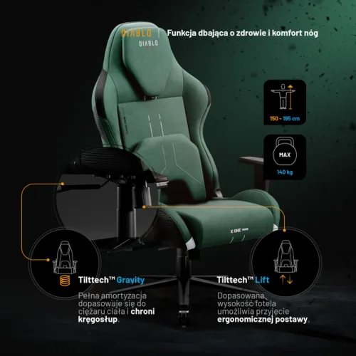 Fotel Diablo Chairs X.One Prime Normal Size Forest Green Gamingowy Do 140kg Tkanina Zielony