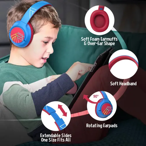 Słuchawki bezprzewodowe PowerLocus Bobo Nauszne Dla Dzieci Bluetooth 5.3 Niebiesko-czerwony