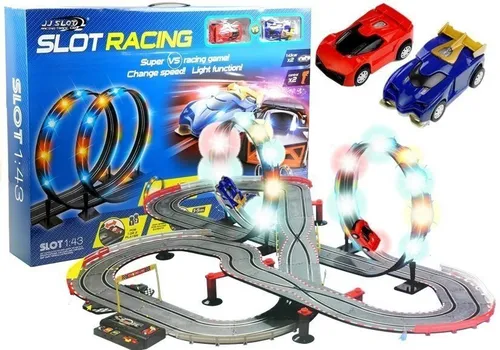Tor Samochodowy Wyścigowy Slot Cars 2 Autka 1:43 Pętla Lampki Zasilacz