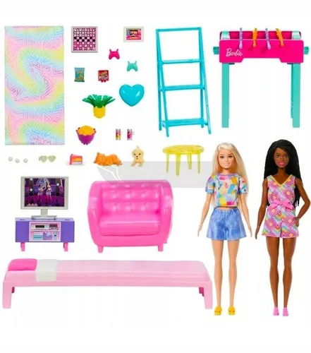 LALKA BARBIE POKÓJ ZABAW duży zestaw 2 lalki, piesek, kotek + akcesoria HYT64