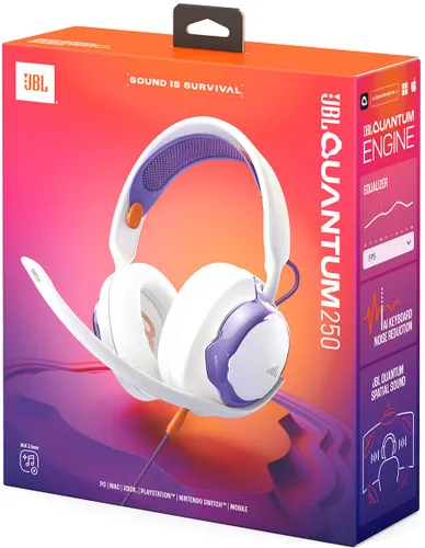 Słuchawki JBL Quantum 250, Nauszne, Dźwięk przestrzenny Biało-fioletowy