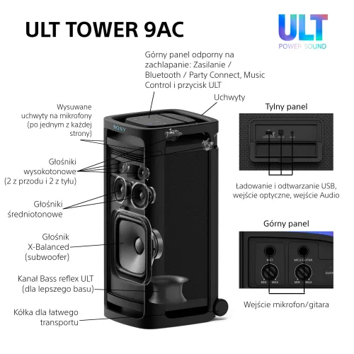 Power Audio Sony ULT Tower 9AC SRS-ULT900AC Bluetooth Mikrofon Karaoke Czarny