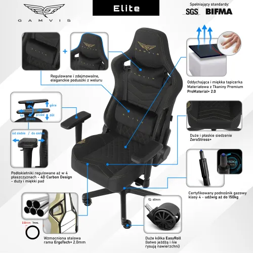 Fotel GAMVIS Elite 2.0 Pro XL Tkanina Czarny (złote elementy)