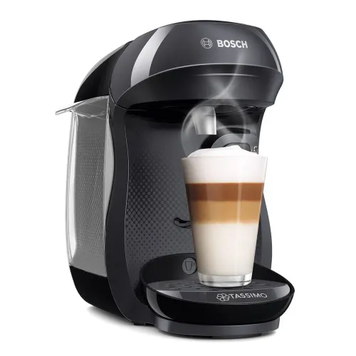Zestaw ekspres kapsułkowy Bosch Tassimo Happy TAS1002N czarny i 3 opakowania kapsułek Morning Café (Mild&Smooth)/(Strong&Intense) XL, Jacobs Café au lait