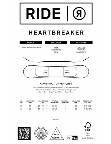 Deska snowboardowa Ride Heartbreaker - Długość (cm) - 143
