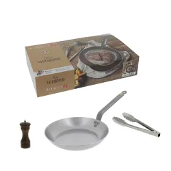 DE BUYER Mineral B 26 cm - patelnia ze stali węglowej z młynkiem do pieprzu i szczypcami
