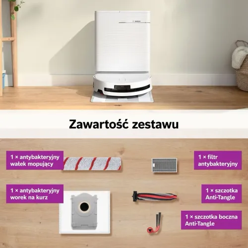 Robot sprzątający Bosch Spotless 2 Advanced + BCR2P2WXAB Funkcja mopowania Stacja oczyszczająca Tworzenie mapy pomieszczenia 67dB