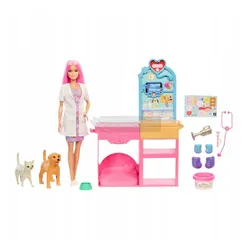 LALKA BARBIE U WETERYNARZA duży zestaw klinika, weterynarz, piesek, kotek JFX93