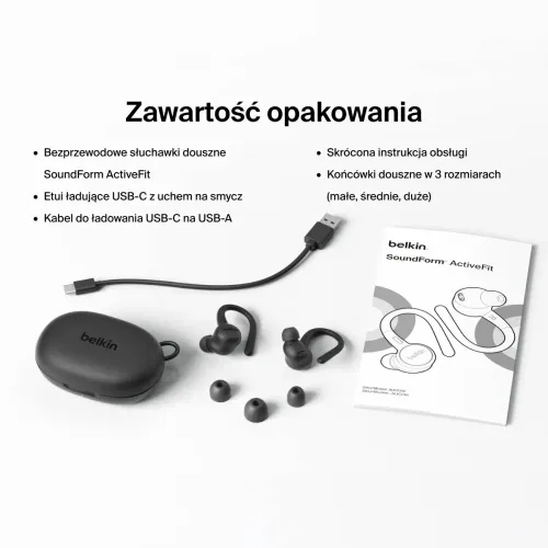 Słuchawki bezprzewodowe Belkin SoundForm ActiveFit Dokanałowe z zaczepami Bluetooth 5.4, Czarny
