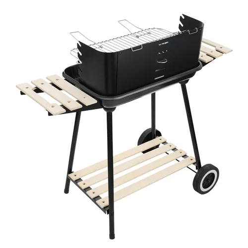 Grill węglowy ogrodowy na kółkach z 3 półkami i rożnem