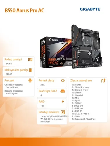 Gigabyte Płyta główna B550 AORUS PRO AC AM4 4DDR4 HDMI M.2 ATX