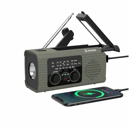 Radioodbiornik Hawk Expedition R10 Na korbkę, Solarne, Latarka, Radio FM Szary