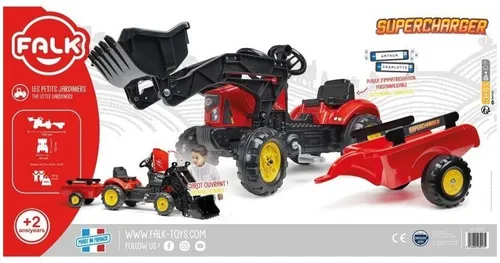 Falk Traktorek Supercharger Czerwony Otwierana Maska Z Przyczepką + Łyżka Od 2 Lat