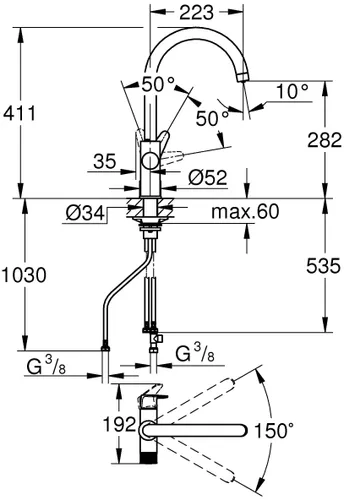 Bateria GROHE Blue Pure BauCurve 30580000 Chrom